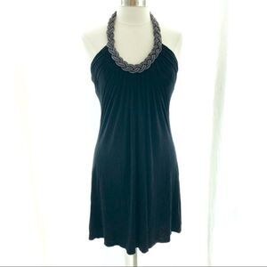 Braided Chain Gathered Halter Jersey Black Mini Dress
